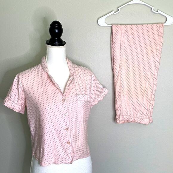 Nasty Gal 2 piece Short Sleve Pajama Set. Pink with dark pink polka dots Size 10 - Picture 1 of 15